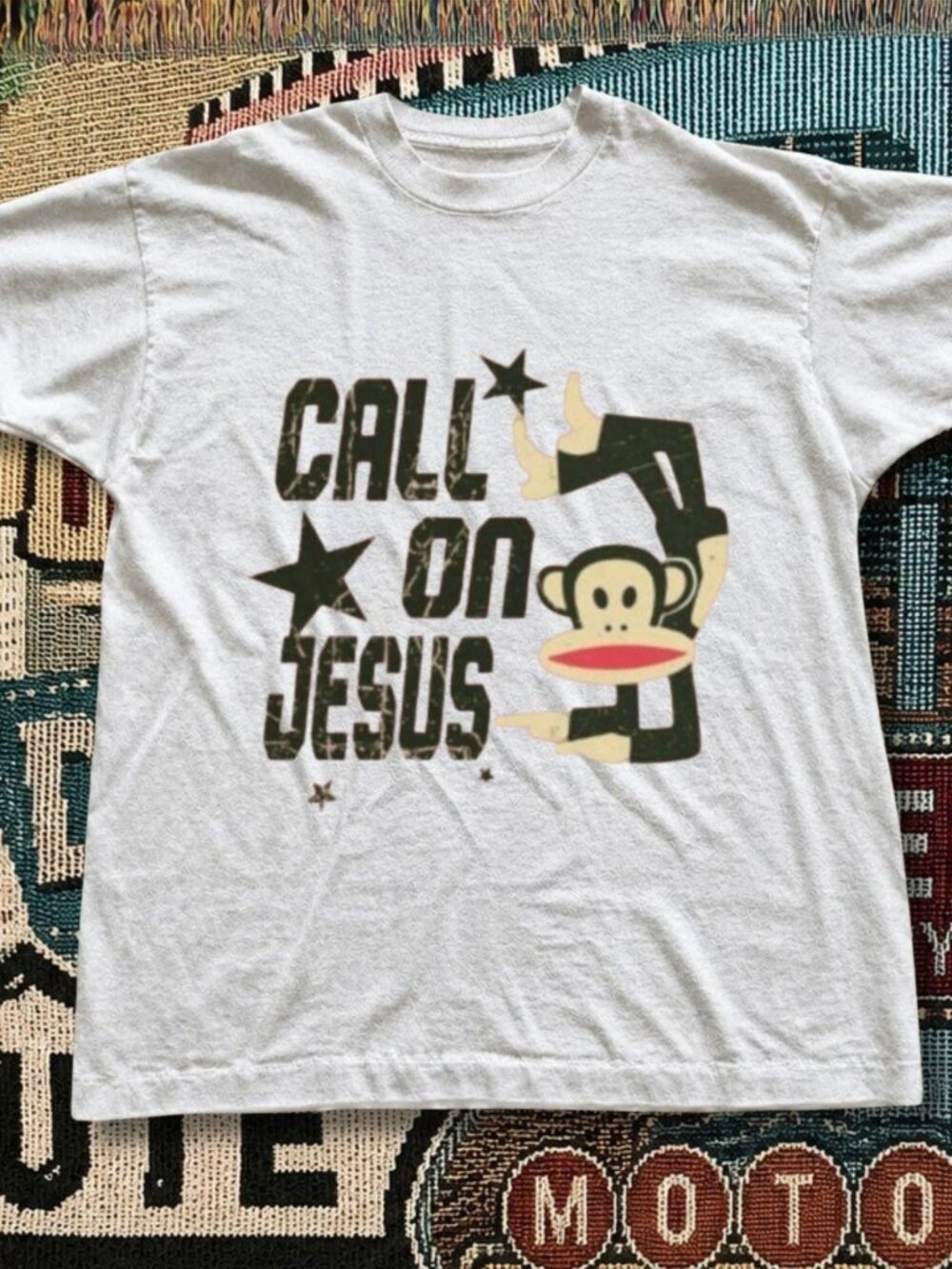 Call On Jesus Monkey Graphic Tee – White Playful Faith Inspired T-Shirt